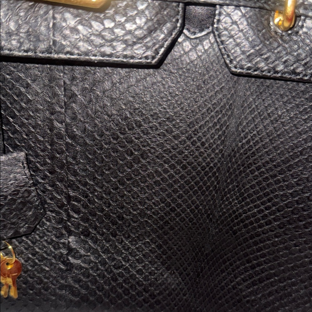 Structured Black Leather Satchel with Gold-Tone Hardware snake skin - Picture 13 of 16